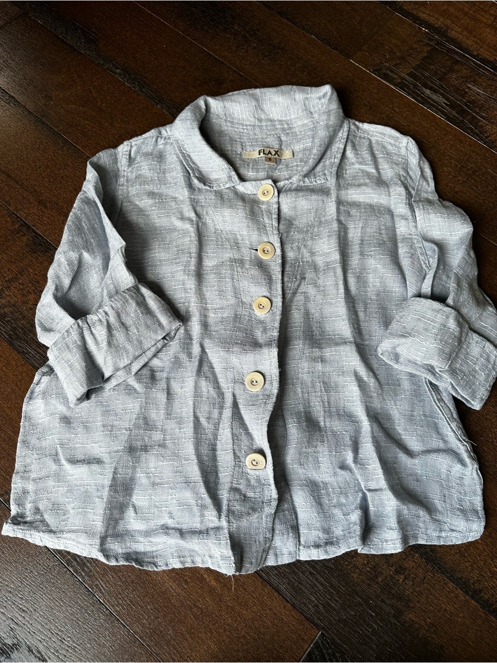 FLAX Linen Woven Button-Up Collared Long Sleeve Flowy Shirt Lagenlook Womens S